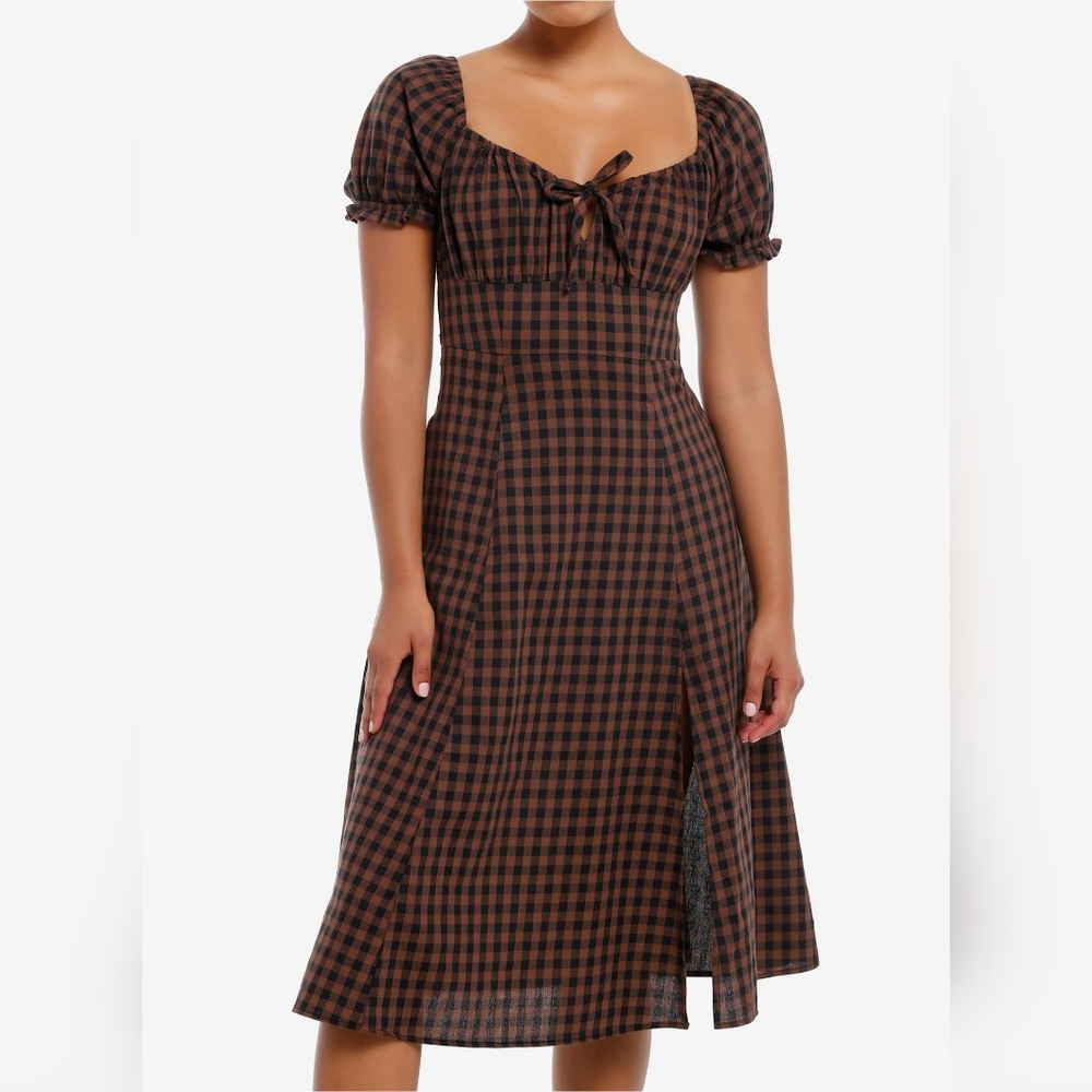 Thorn & Fable Brown & Black Checkered Empire Waist Midi Dresse Medium